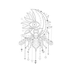Vector illustration with hand drawn wasp and Sacred symbol on white background. Abstract mystic sign.
