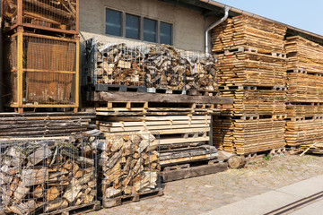 Wooden storage area of carpentry. Pile of wood for the construction industry