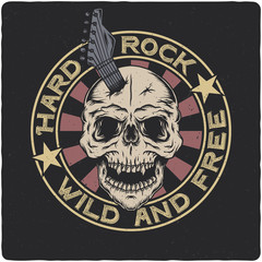 Skull with guitar. Vintage label, illustration, logotype. Vector illustration. T-shirt or poster design.