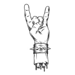 Fingers rock gesture. Vintage label, illustration, logotype. Vector illustration. Isolated on white background.