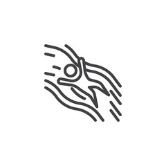 Obraz premium Boy on water slide in aqua park line icon. linear style sign for mobile concept and web design. Man slide down in aquapark outline vector icon. Symbol, logo illustration. Pixel perfect vector graphics