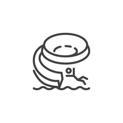 Man on water slide in aqua park line icon. linear style sign for mobile concept and web design. Splashing into swimming pool outline vector icon. Symbol, logo illustration. Pixel perfect vector 