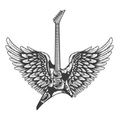 Fototapeta premium Electric guitar with wings. Vintage label, illustration, logotype. Vector illustration. Isolated on white background.