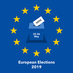 European elections 2019 illustration with voting paper in the ballot box. Flat design, easy to use for your website or presentation.