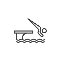 Man jumping into swimming pool line icon. linear style sign for mobile concept and web design. Swimmer diving into a water  outline vector icon. Symbol, logo illustration. Pixel perfect vector