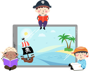 Kids Pirates Tablet Reading Book Illustration