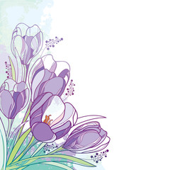 Eckblumenstrauß mit umrissenem violettem Krokus oder Safranblume und grünem Blatt auf pastellfarbenem Hintergrund. © bokasana