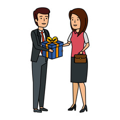 young business couple with gift box