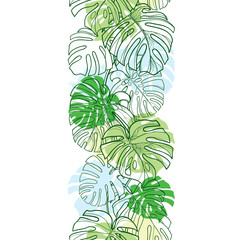 Seamless pattern with outline tropical leaf of Monstera or Swiss cheese plant in pastel green on the white background. © bokasana