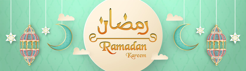 Template for Ramadan Kareem with green and gold color. 3D Vector illustration design in paper cut and craft  for islamic greeting card, invitation, book cover, brochure, web banner, advertisement.