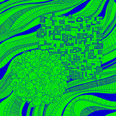 Graphic image - a circle and a square on the green background of flowing lines