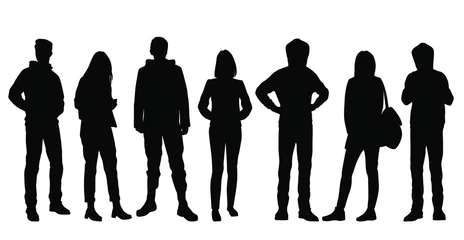 Foto op Canvas Set of vector silhouettes of  men and a women, a group of standing business people, black color isolated on white background © Galina