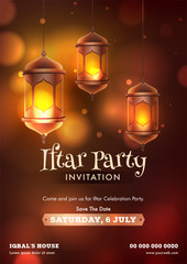 Fototapeta na wymiar Stylish text of Iftar Party Invitation card or flyer design with hanging illuminated lantern on brown shiny background with occasion details.