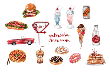 Retro diner menu. Burger, hot dog, soda, milkshakes, ice cream, berry pie, donuts, coffee. Collection of watercolor illustrations on white isolated background