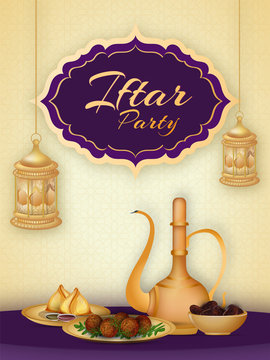 Greeting card design with creative stylish text of Iftar Party and hanging lantern.