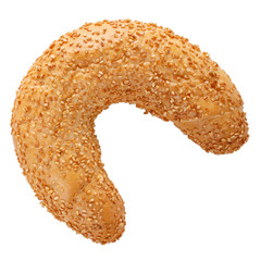 Crescent rolled bun with sesame seeds isolated on white background. Freshly baked bagel close-up.