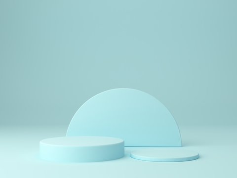 Minimal scene with podium and abstract background. Geometric shape. Blue pastel colors scene. Minimal 3d rendering. Scene with geometrical forms and blue background. 3d render. 