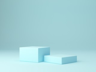 Minimal scene with podium and abstract background. Geometric shape. Blue pastel colors scene. Minimal 3d rendering. Scene with geometrical forms and blue background. 3d render. 