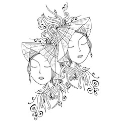 The face of the girl. Chinese woman in hat, psychedelic pattern, hand-drawn sketch