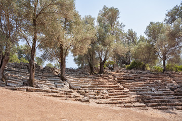 Fototapeta na wymiar Ruins of the antcient greek theater, Kedrai, Sedir island,Gulf of Gokova, Aegean Sea, Turkey