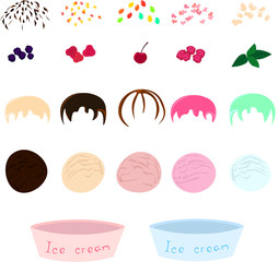 Set of vector ingredients for ice cream: ice-cream bowls, ice cream balls, decorative objects. Menu design, recipes, cafe. Summer.