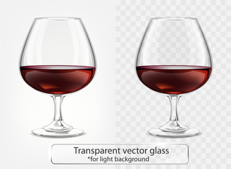 Transparent vector glass goblets cognac for dark background. Brandy sniffer