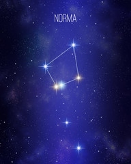 Norma the ruler or carpenter's edge constellation map on a starry space background. Stars relative sizes and color shades based on their spectral type. © Matthieu