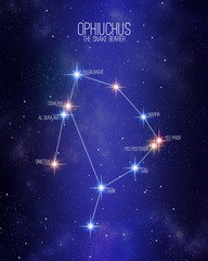 Ophiuchus the snake bearer zodiac constellation map on a starry space background with the names of its main stars. Stars relative sizes and color shades based on their spectral type.