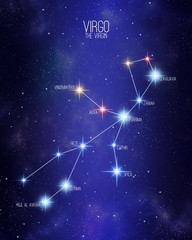 Virgo the virgin zodiac constellation map on a starry space background with the names of its main stars. Stars relative sizes and color shades based on their spectral type. © Matthieu