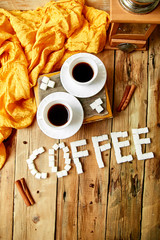 Symbolic image. Text of cube sugar. Sign coffee.
