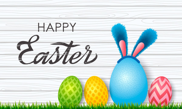 Colorful Easter greeting card. Easter painted eggs with ornament, Easter bunny on a wooden background with green grass and flowers. vector