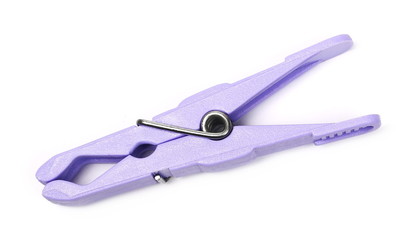 Purple plastic clothespin isolated on white background, top view