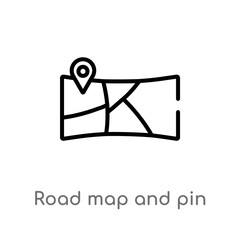 outline road map and pin vector icon. isolated black simple line element illustration from travel concept. editable vector stroke road map and pin icon on white background