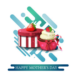 Happy mother's day, greeting blue card with beautiful lettering, liquid shapes, gift, strawberry and cupcake