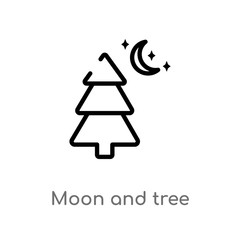 outline moon and tree vector icon. isolated black simple line element illustration from travel concept. editable vector stroke moon and tree icon on white background