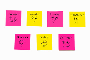 Notes stickers to remind the days of the week. Funny notes with painted emotions, reflecting the days of the week. Monday, Tuesday, Wednesday, Thursday, Friday, Saturday, Sunday. Isolate.