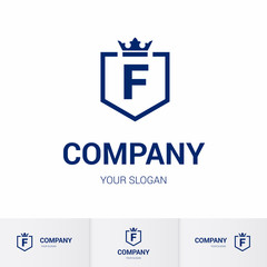 Fototapeta premium Illustration of Shield Badge-Shape with letter F in the Middle and Luxury Crown. Logo Icon Template for Web and Business Card, Letter Logo Template on White Background