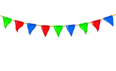 Fototapeta premium Garland 3d glossy little flags or pennants by a rope, hanging for holiday, realistic plastic toy for children. Design shiny icon vector illustration isolated. Childish colorful fun. RGB Eps10