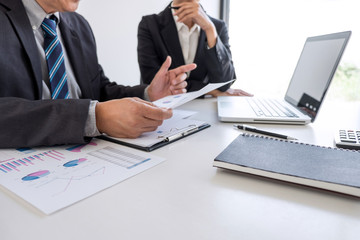 Business team partner meeting working and negotiation analyzing with financial data and marketing growth report graph presentation in team, Meeting Talking Brainstorming Communication Concept