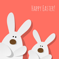 Happy Easter Postcard two Bunnies on a Coral color background