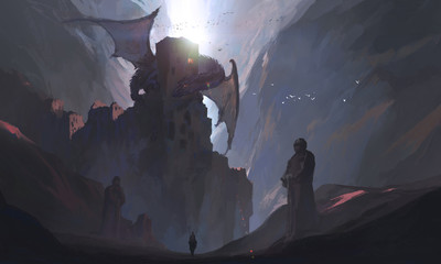 The knights in the canyon challenge the dragon, digital painting.