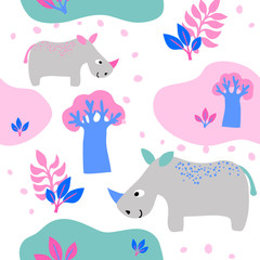 vector rhinoceros cute childish wild animal plant flowers leaf  illustration seamless pattern