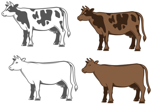Set of vector cows silhouettes