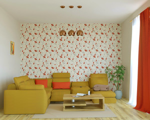 3d rendering of bright scandinavian interior with yellow sofa