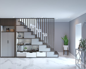 3d rendering of loft hall interior with stairs