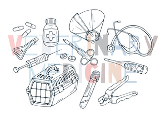 Group of vector illustrations on the veterinary pet care theme; accessories for cats and dogs. Isolated objects for your design. Each object can be changed and moved.