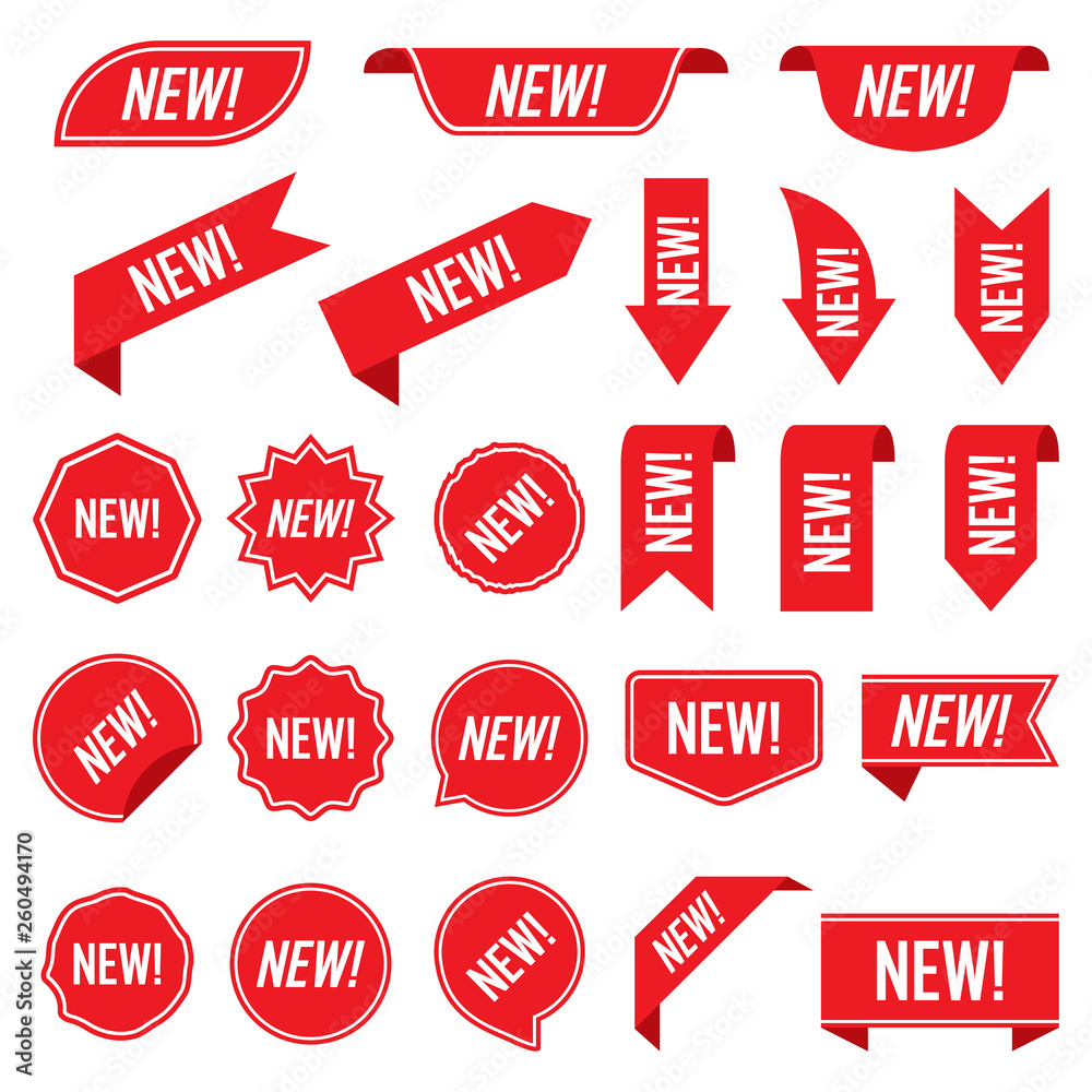 Poster set of new red labels isolated on white background