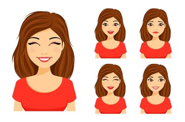 Set of emotions. Young cute girl shows different emotions. Sad, surprised, happy, laughing.