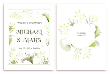 Wedding invitation. Flowers. Floral background. Lilies. Callas. Green leaves. White.