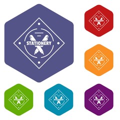 Creativity stationery icons vector colorful hexahedron set collection isolated on white 